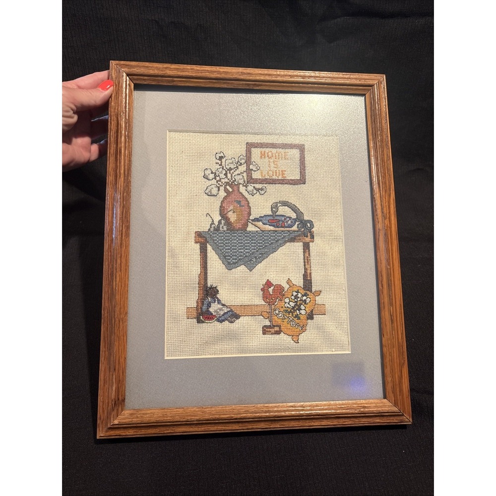 Vtg Handmade Framed Counted Cross-stitch Home Is Love Entry Table 12.5x15.75
